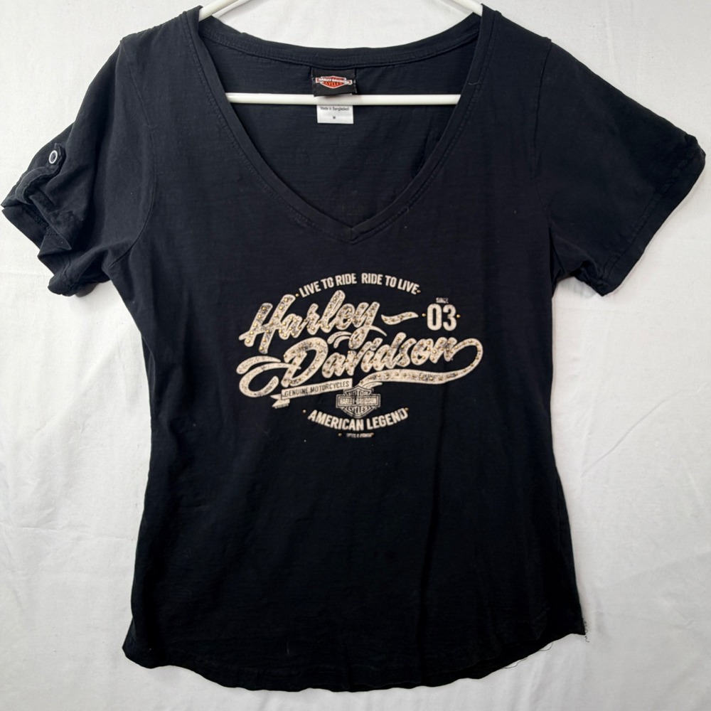 Harley Davidson Womens Black V-Neck Graphic T-Shirt Glacier Kalispell MT Medium